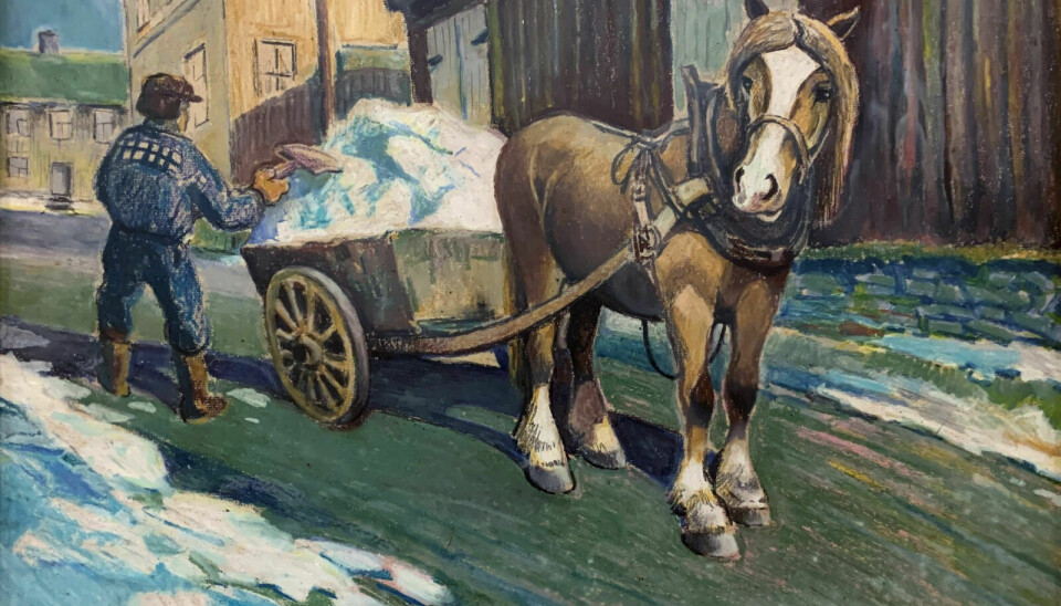 SNØKJØRING: Det eneste kjente maleriet av Erling Solheim fra Røros viser snøkjøring med hest og vogn. Kanskje noen drar kjensel på snøkjøreren? Foto: Erling Solheim Kunstforening