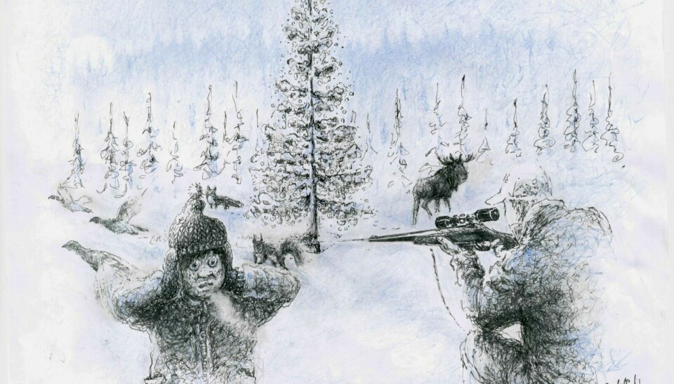 Elevene skal tegne juletre. Markus tegner en mann som bruker hagle til å felle juletreet. Tegning: Kjetil Løberg