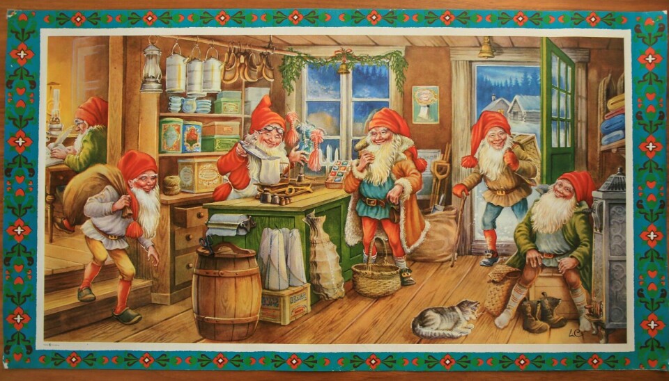KRAMBU: I riktig gamle dager lå ofte butikkene på gårder. I 1950- og 60-åra fantes det knapt et hjem som ikke hadde en svensk juleplakat på veggen. Kilde: Privat samling.