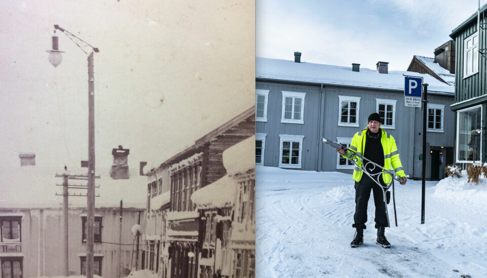 GATELYS: Bildet til venstre viser gatebelysningen i Røros sentrum for mer enn hundre år siden. Bildet til høyre viser Markus Becker med lampestativet som han ønsker tilbake i Bergmannsgata der det sto på begynnelsen av 1900-tallet. Foto til venstre: Rørosmuseet. Foto til Høyre: Nils Kåre Nesvold