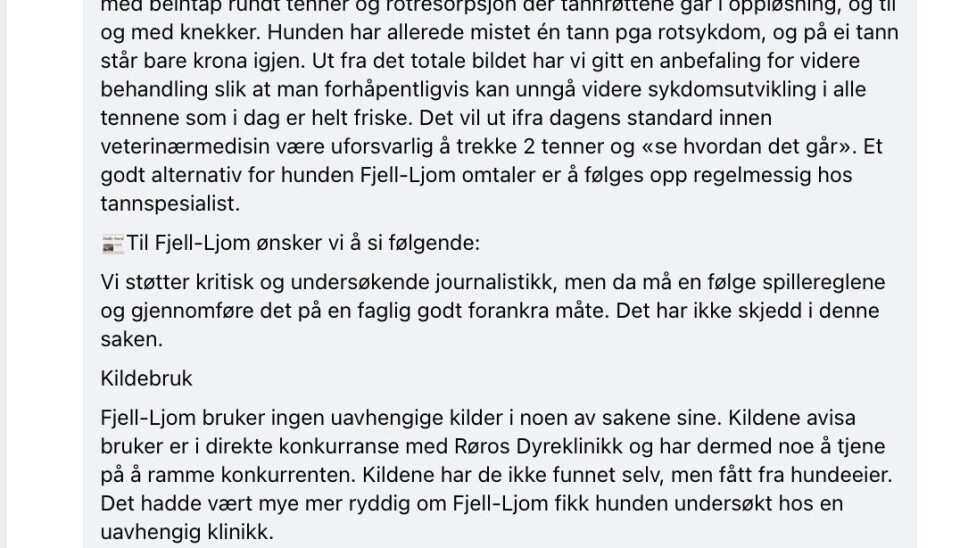 KRITIKK: Røros Dyreklinikk har kritisert Fjell-Ljoms arbeid i forbindelse med saken om hunden Jara. Redaktør Nils Kåre Nesvold og redaksjonssjef Trond Haugan svarer her på denne kritikken. Foto: skjermdump