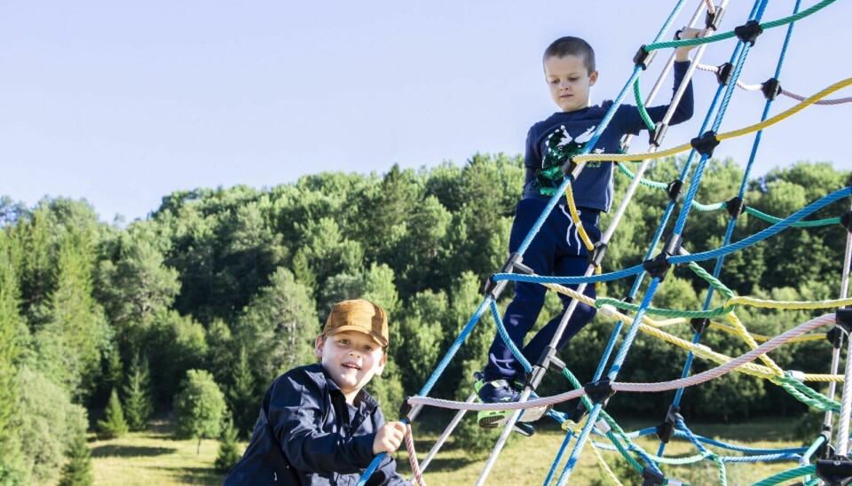 I SKOLEGÅRDEN: Førsteklassingene Magnus (nederst) og Tarjus klatrer raskt i klatrestativet på skolen. Foto: Eskil Buseth Folstad