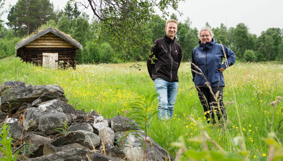 Magnus Borgos og Berit Siksjø i eng, med steinmur i front og og lita løe i bakgrunnen