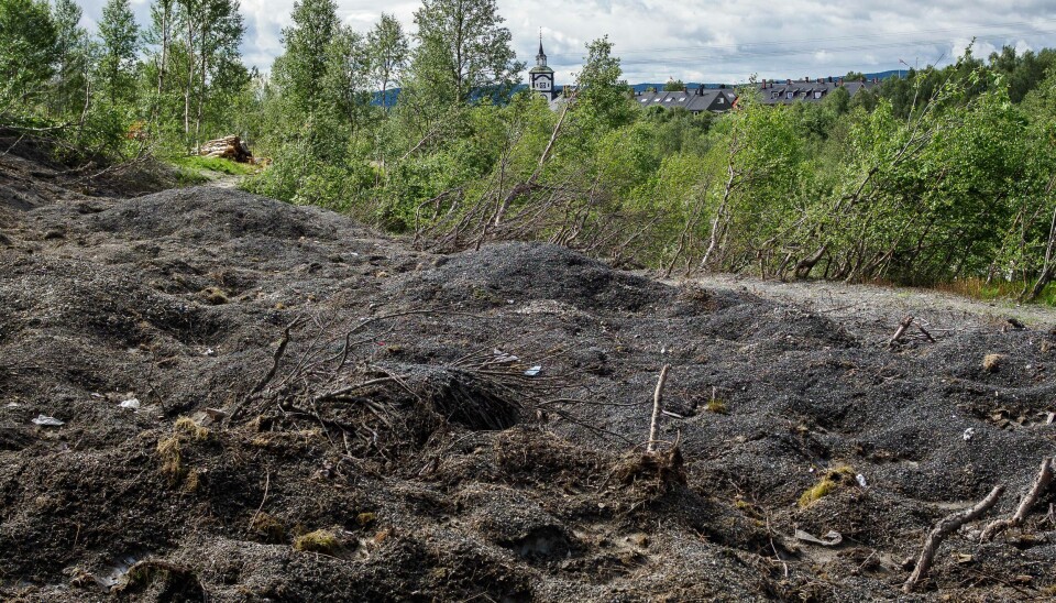 Søppel, grus og ødelagte trær i forgrunnen, et forsøk på et sti, grønn krattskog og kirka i bakgrunnen