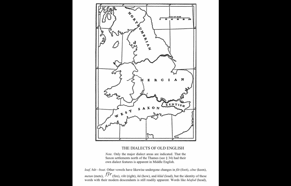 Kartet viser hvor de forskjellige gammelengelske/angelsaksisk dialektene eksisterte.