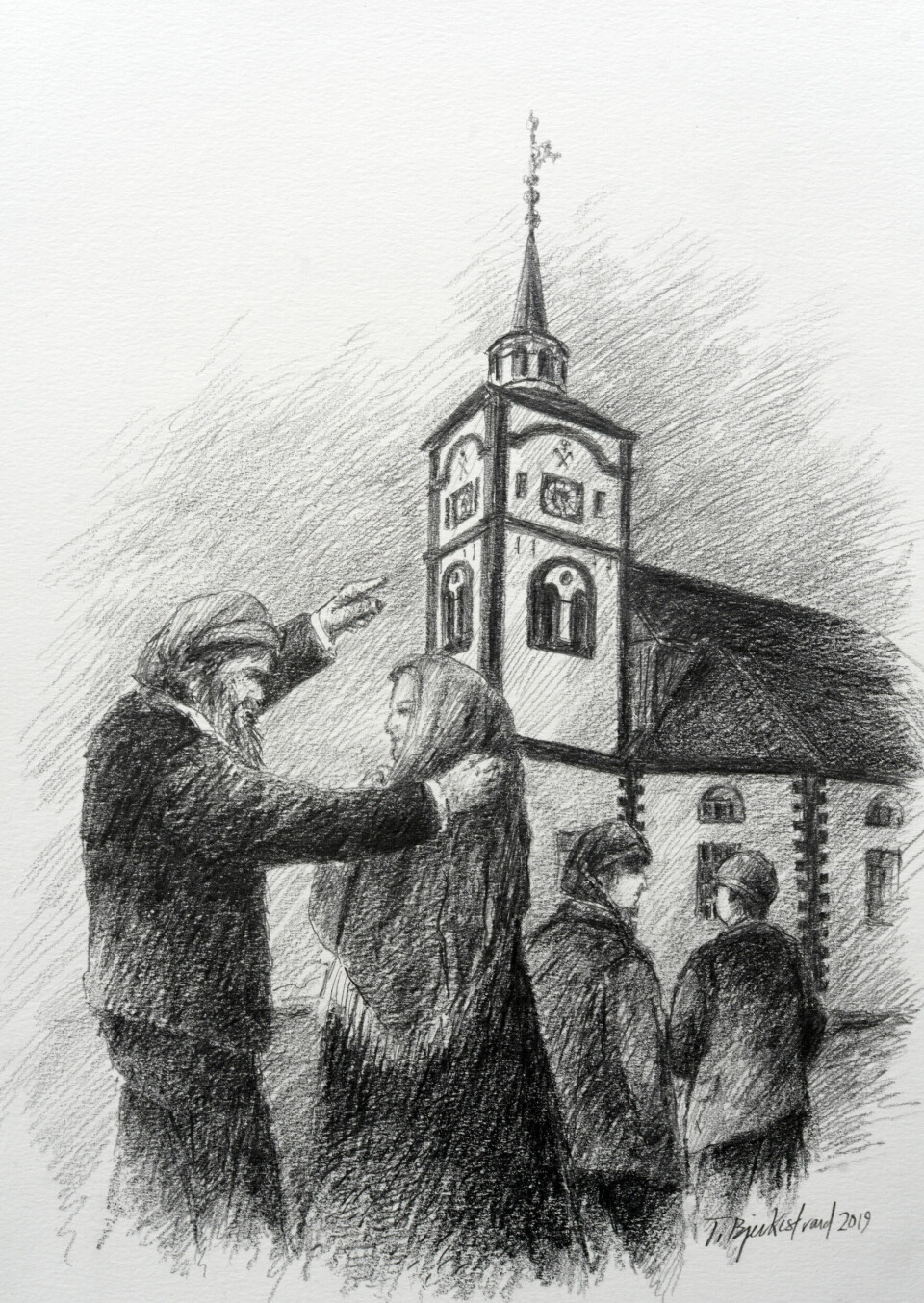 Børre Langland, Gjertrud og Hans på innvielsen av Bergstadens Ziir 15. august 1784. I tillegg vises også drengen Jakob Hov. Børre er opptatt av tårnuret.