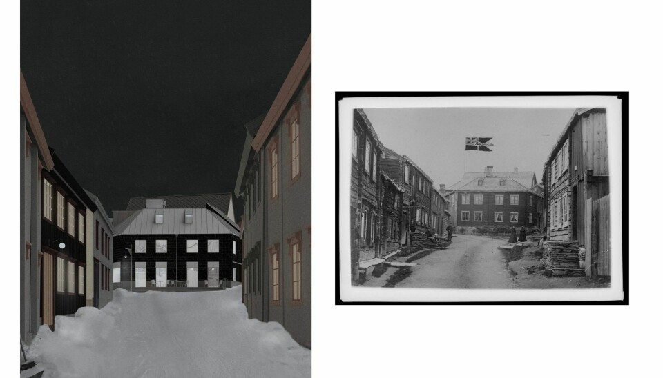 ILLUSTRASJON: Bildet viser Myre-gården på Flanderborg, til høyre, og en skisse utviklet med arkitekturspråket til arkitektene Marius Erikstad og Eirik Skogli til venstre.