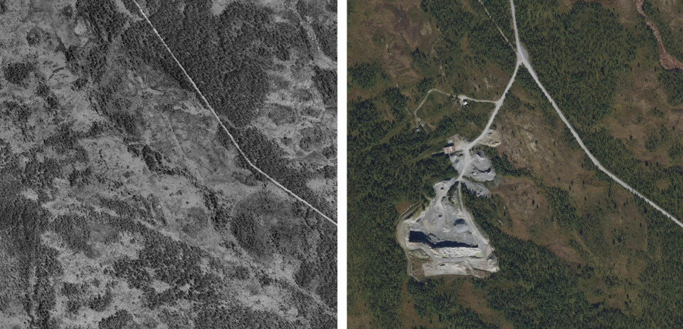 NATURINNGREP: Et grustak i Røros. Området i 1963, til venstre, og 2022, til høyre. Selv om grustaket blir tilbakeført når driften avsluttes, er dette areal naturen trenger, og den trenger plassen nå.