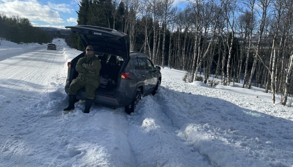HELL I UHELL: Den litt uheldige bilføreren havnet utfor veien på tur inn til til Rørosmartnan. Så var det desto heldigere at snøen er løs og sola skinner.