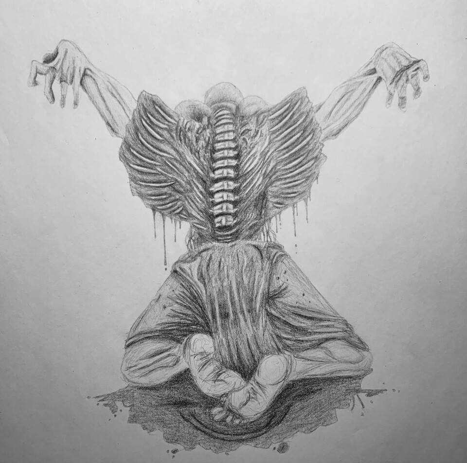 «BLODENGEL»: Tuva Stenmo sin illustrasjon av det morbide ritualet fra vikingtida har blitt plukket ut til landsfestivalen i årets UKM. Inspirasjonen kommer fra litteraturen og litt ryggsmerter.