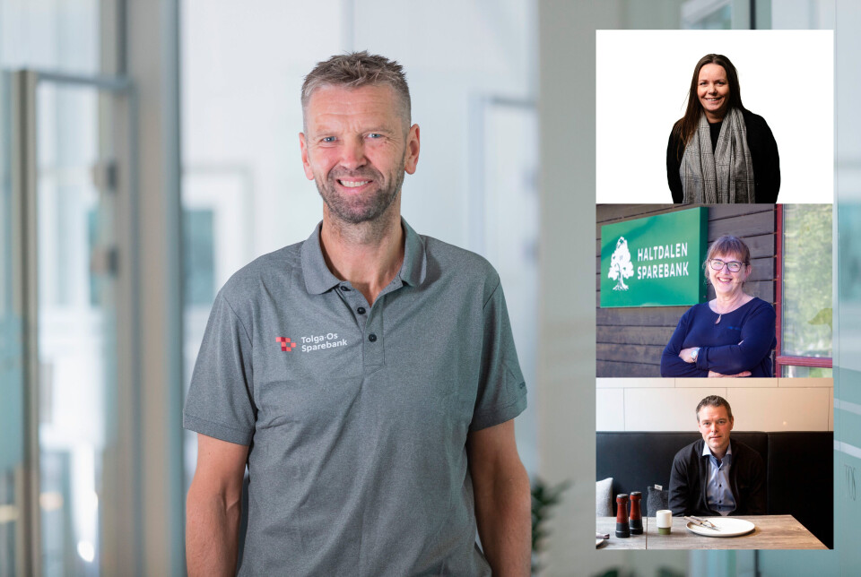 BANKRENTER: Geir Schjølberg i Tolga-Os Sparebank, stort bilde; Liv Grete Heksem i Sparebank 1 SMN, øverst; Berit Aas Aune i Haltdalen sparebank og Hans Arvid Kosberg i Rørosbanken forteller om bankrentene i våre lokalbanker.