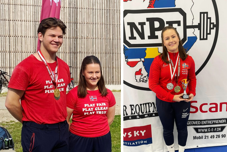MEDALJER: Til venstre Sebastian Bernard Wintervold med sine medaljer etter helgas mesterskap, sammen med Anja Wiggen Skancke. Til høyre er sistnevnte med hennes medaljer.