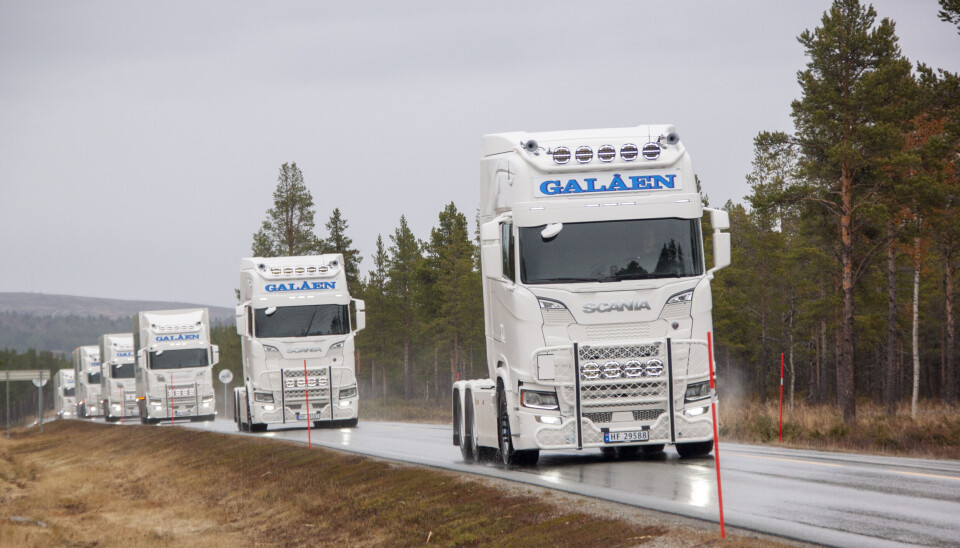EN STOR DAG: Lørdag trillet det seks splitter nye lastebiler og en splitter ny varebil inn til depotet til Galåen transport. Prislappen på gigantinvesteringa er cirka 23 millioner kroner.