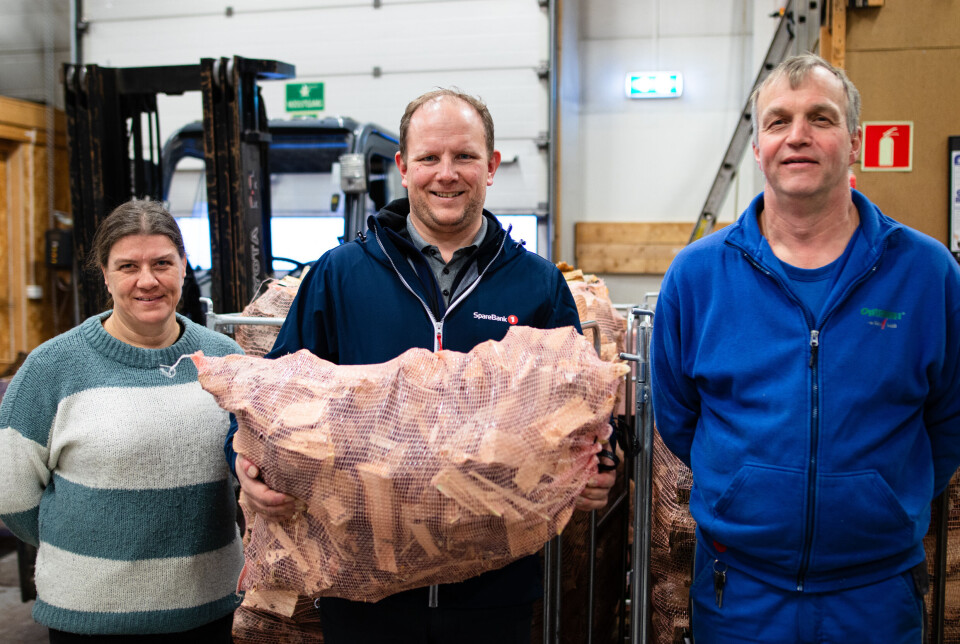 VARME: Eivind Langseth i Sparebank 1 SMN, midt i bildet, sørger bokstavelig talt for varme i mange hjem i rørosregionen når han nå kjøper vedsekker fra Lars Lundereng i Optimus som skal leveres til Marita Bakås Gjersvold i En hjelpende hånd, Fjellregionen, som igjen skal gi dem videre til trengende i regionen.