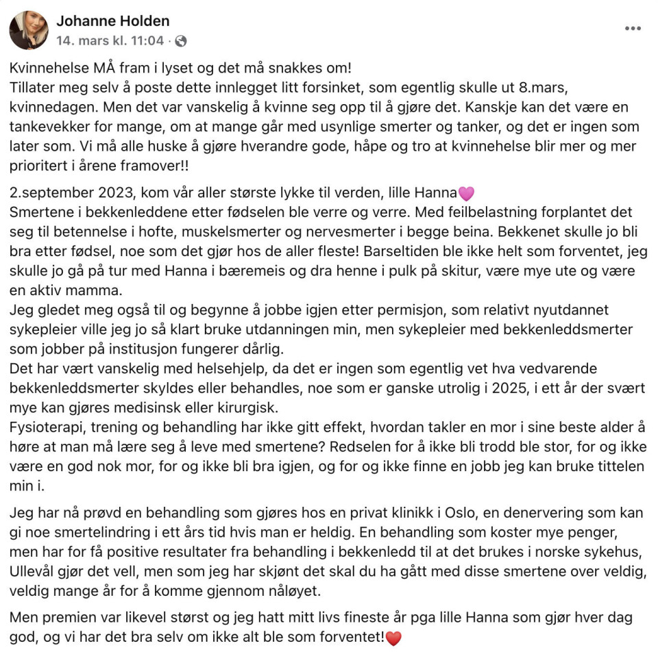 KVINNEHELSE: Johanne Holden la ut dette innlegget på sin egen Facebook. Innlegget har 48 kommentarer og 8 delinger da Fjell-Ljom tar denne skjermdumpen.