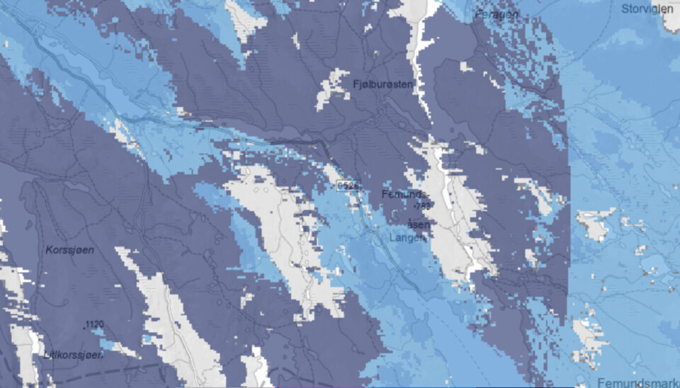 UTEN DEKNING: Dekningskartet til Telenor bekrefter at flere områder i Hådalen fortsatt er uten dekning fredag morgen.