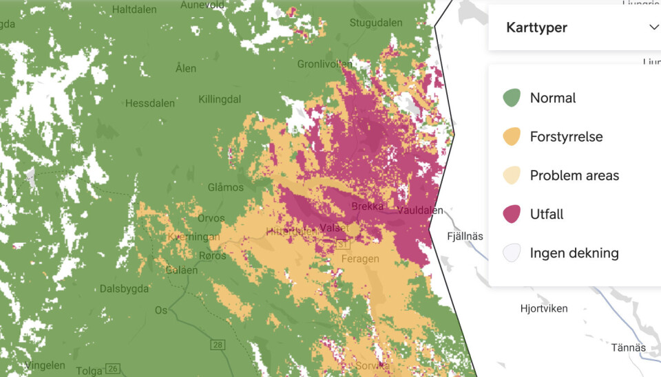 INGEN TJENESTE: Store områder i og rundt Brekken er uten mobildekning fredag ettermiddag.